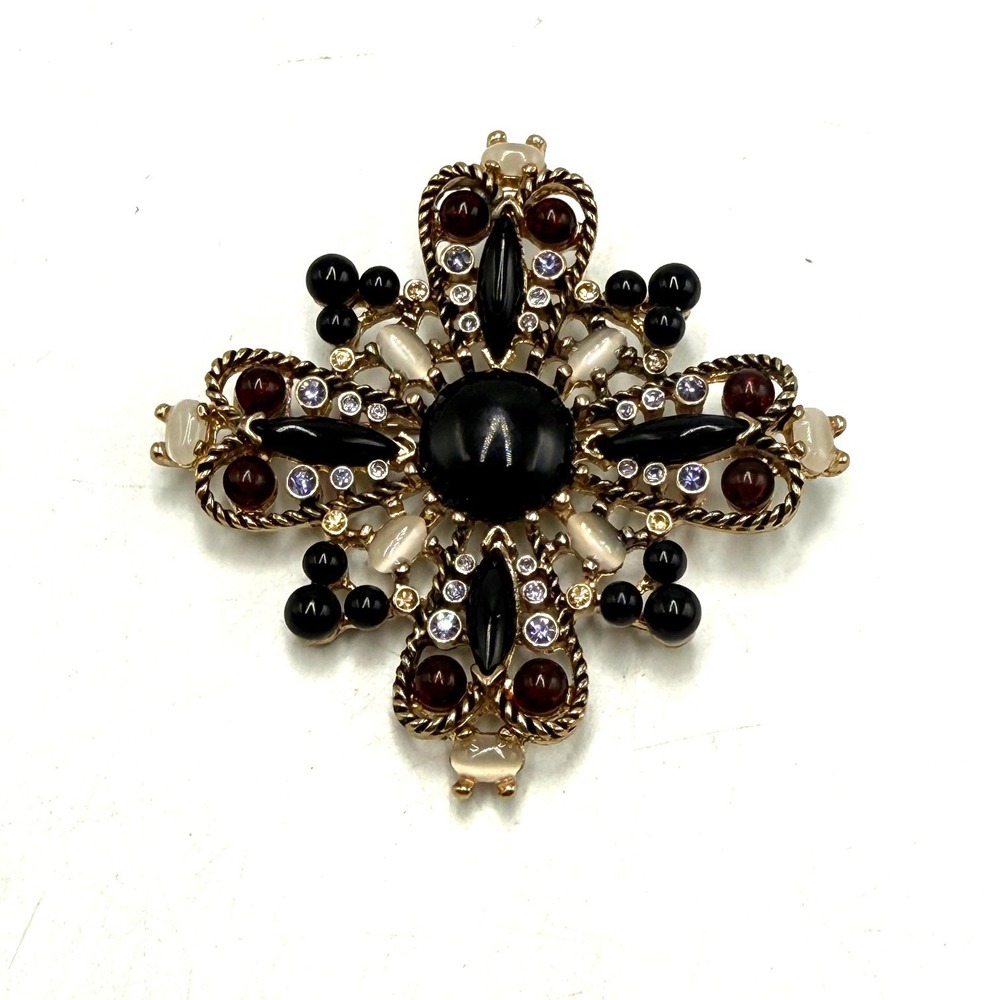 Liz Claiborne LC Gold Tone Maltese Cross Brooch Black Amber Cabochon Rhinestone